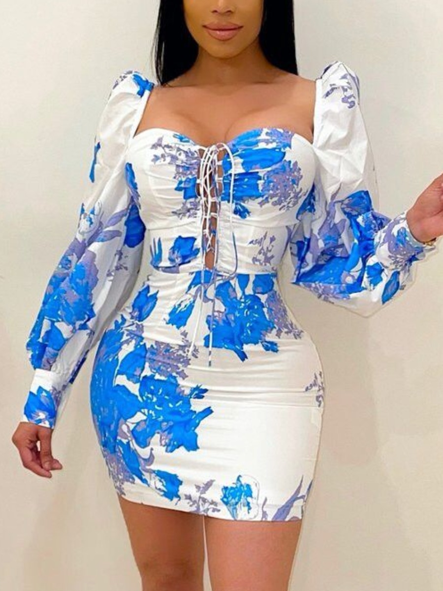 

LW SXY Floral Print Bandage Design Bodycon Dress, White