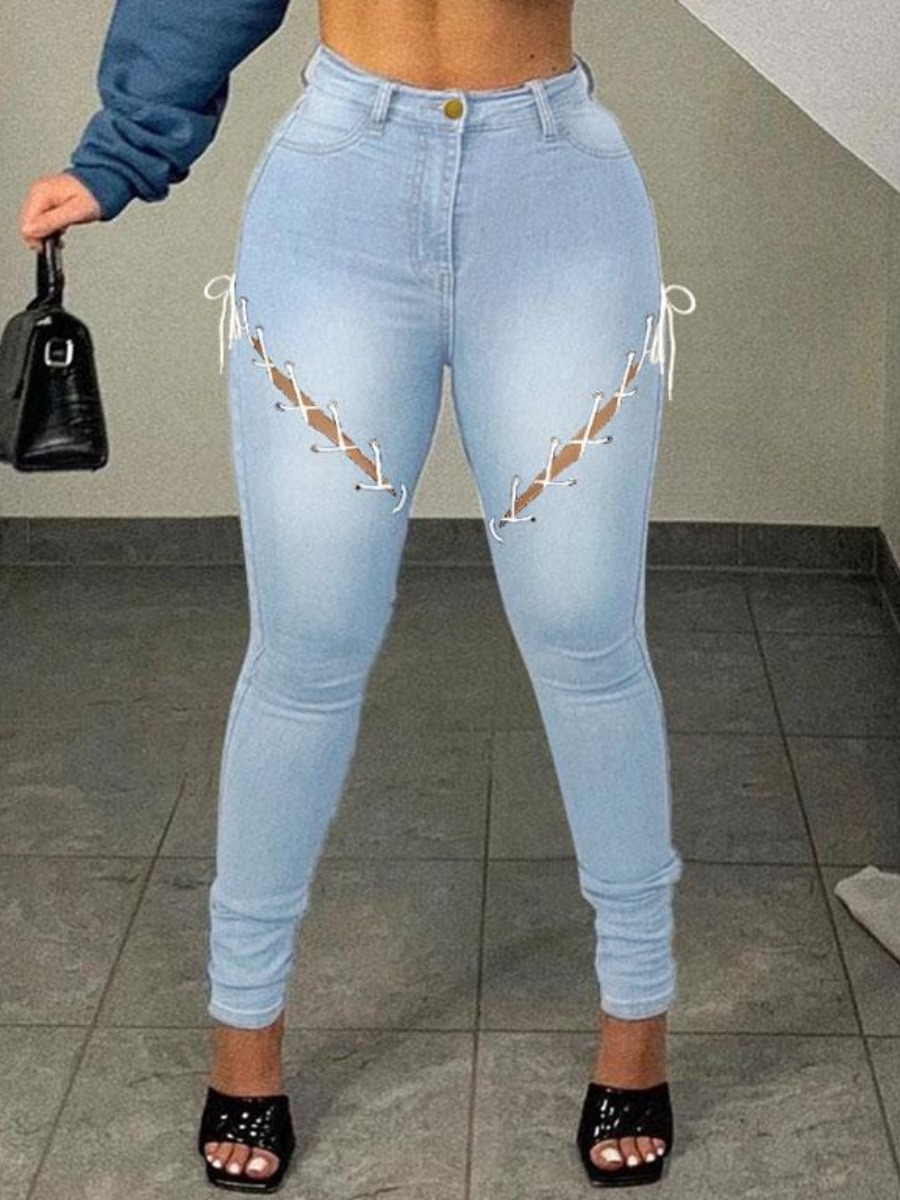 LW Hollow-out Bandage Design Skinny Jeans, Baby blue
