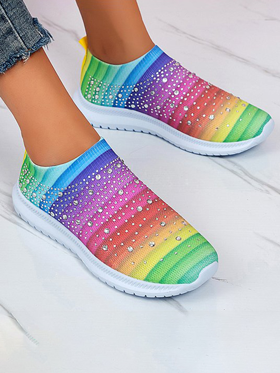 

LW Rhinestone Rainbow Striped Flats, Multi