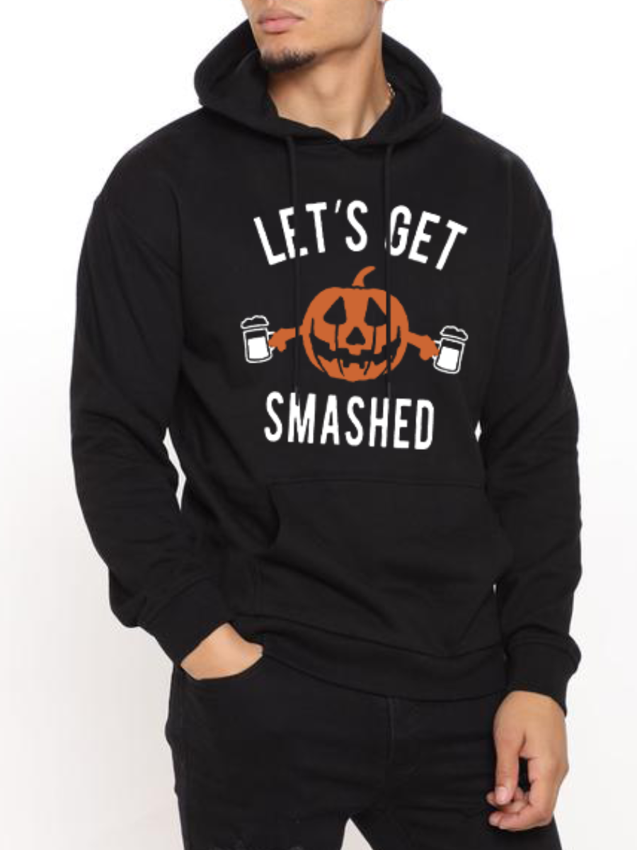 

LW COTTON Men Letter Pumpkin Print Hoodie, Black