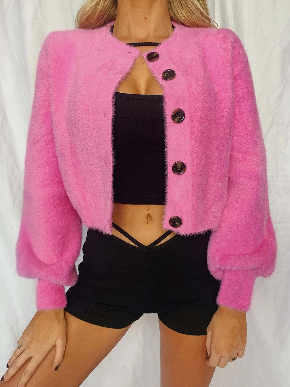 

LW Velvet Lantern Sleeve Button Design Jacket, Pink