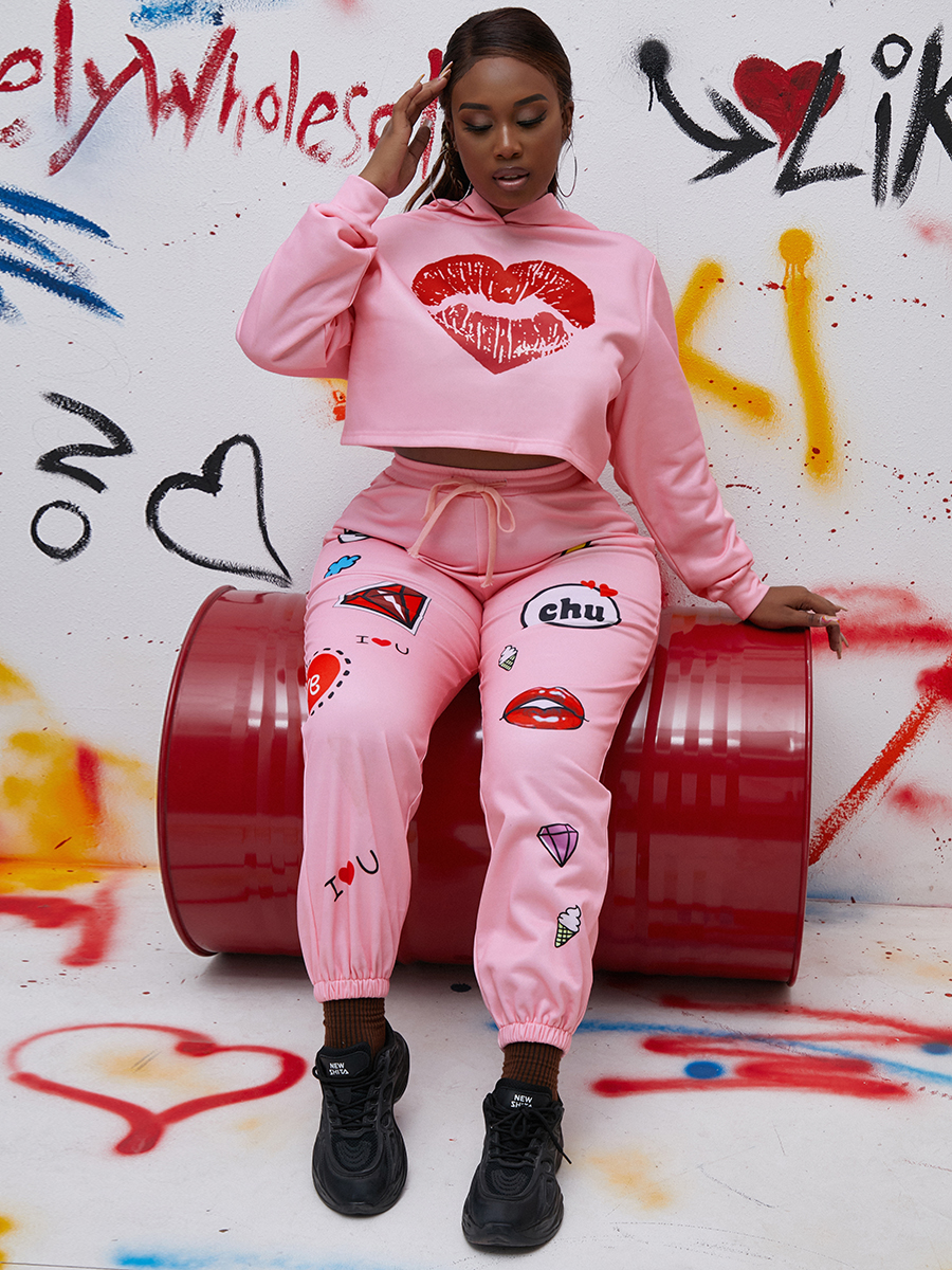 

LW Plus Size DrawString Crop Top Lips Print Tracksuit Set, Pink