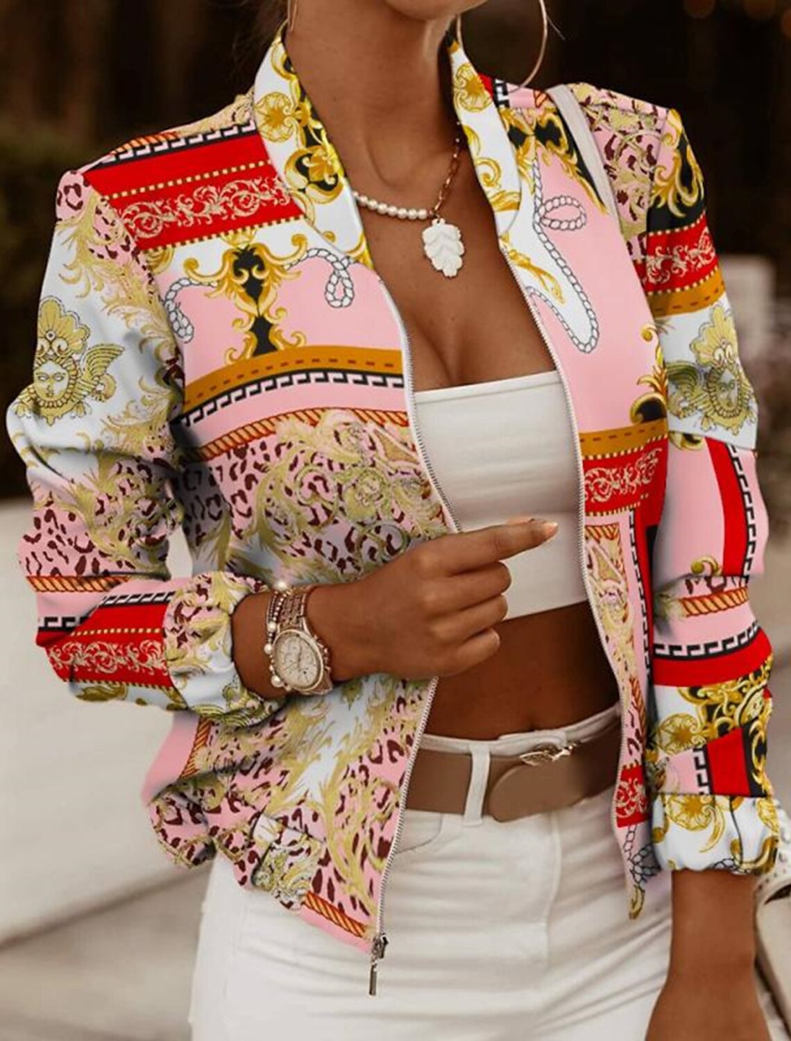 

LW Mixed Print Zipper Design Jacket, Pink
