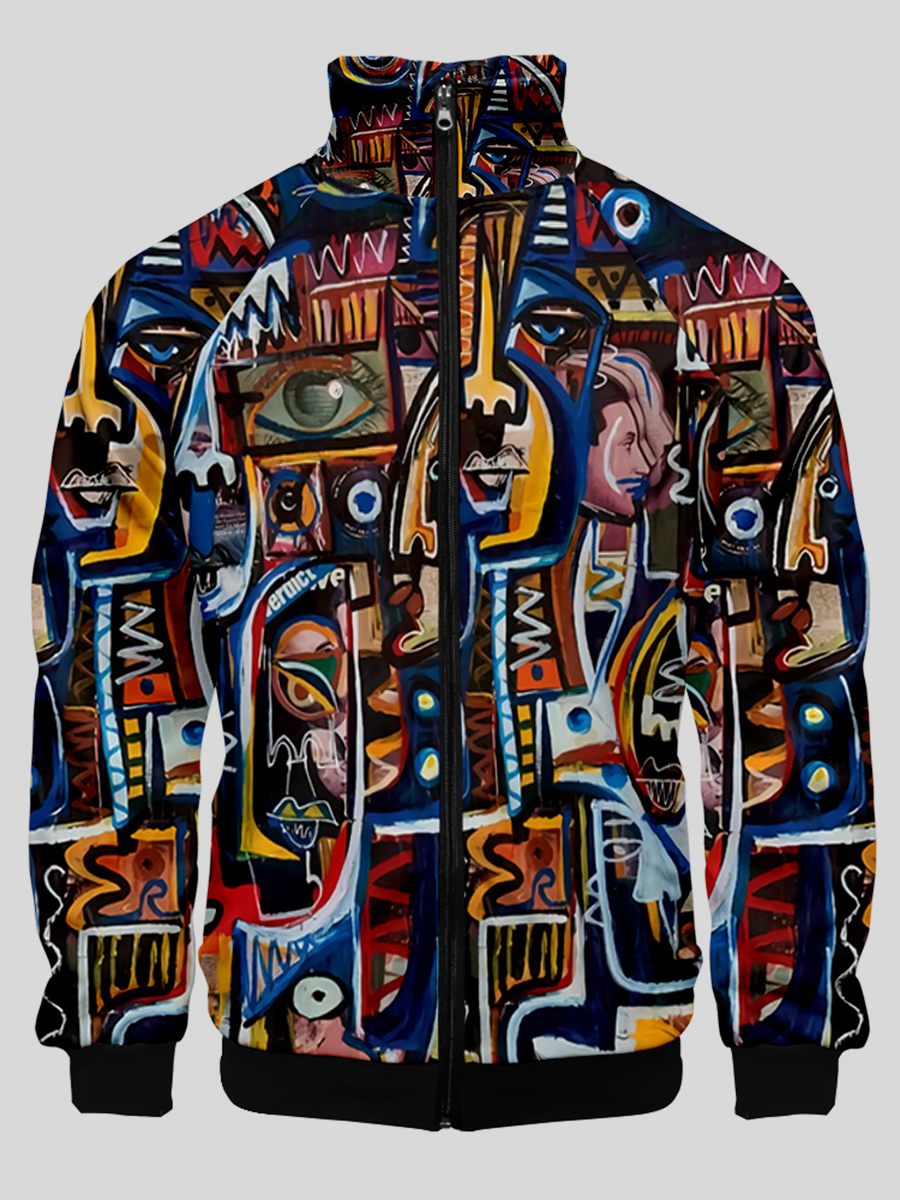 

LW Men Painting Print Zipper Design Jacket, Multi