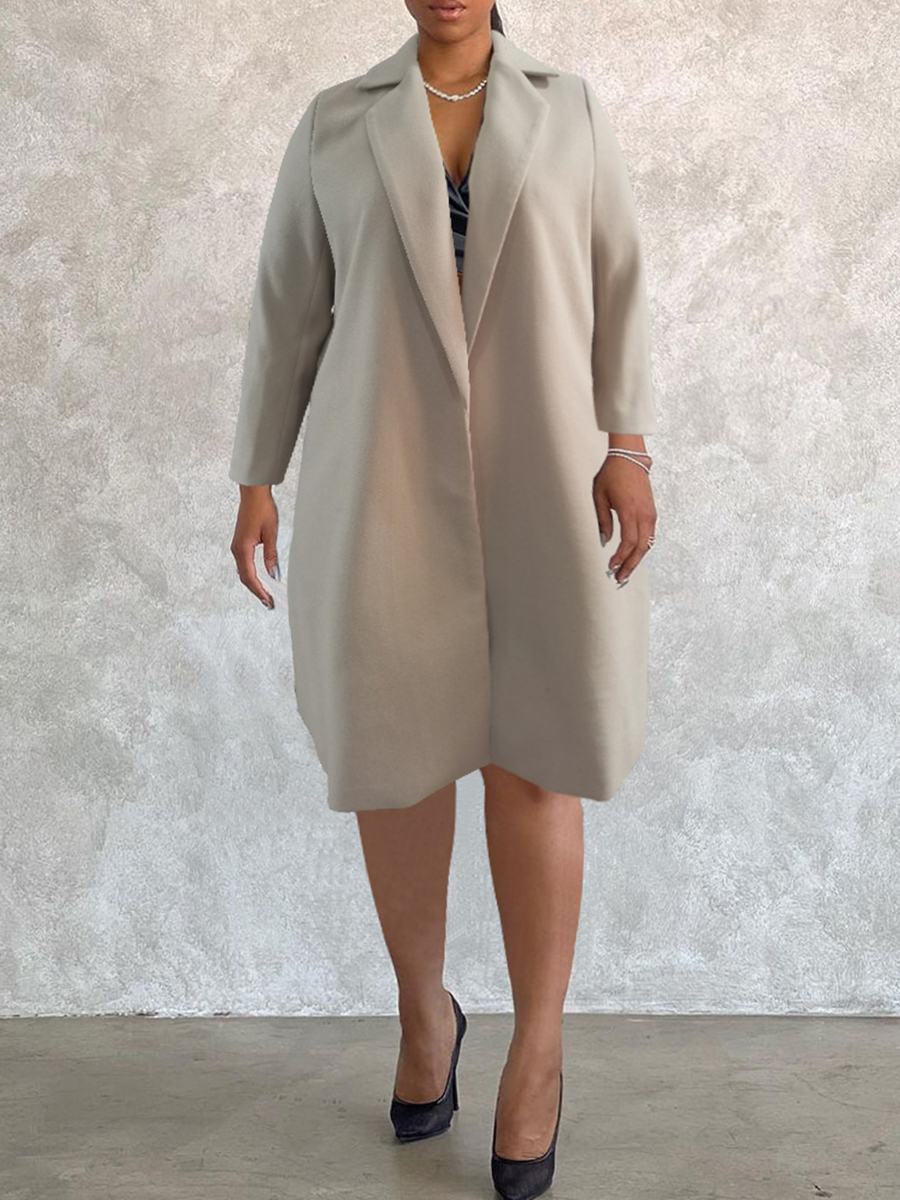 

LW Plus Size Lapel Neck Open Front Solid Wool, Khaki