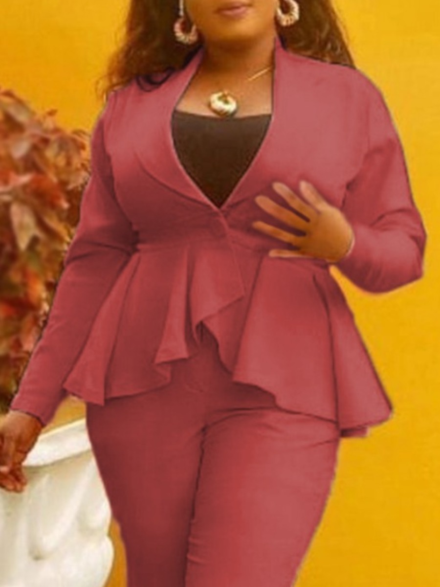 

LW Plus Size Single Button Ruffle Design Blazer, Wine red