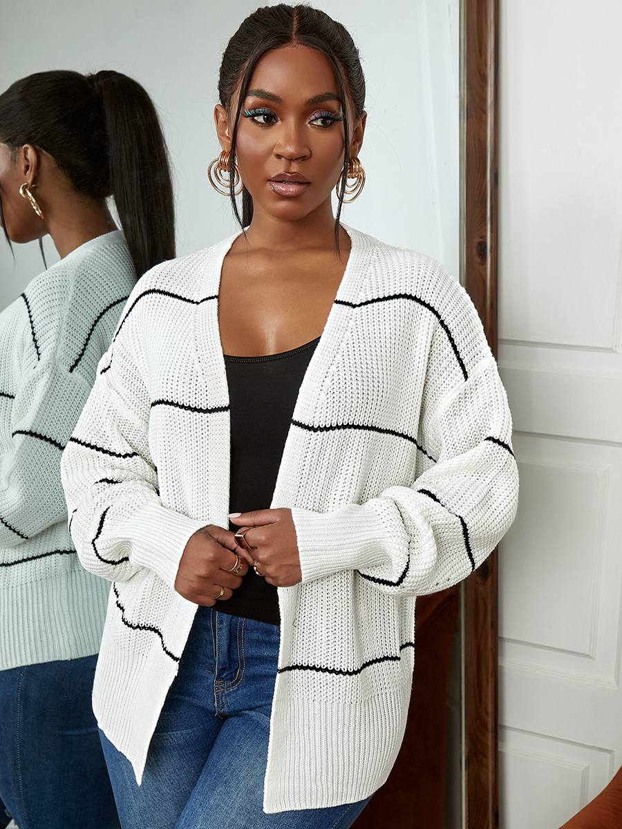 

LW Rib-knit Striped Loose Cardigan, White