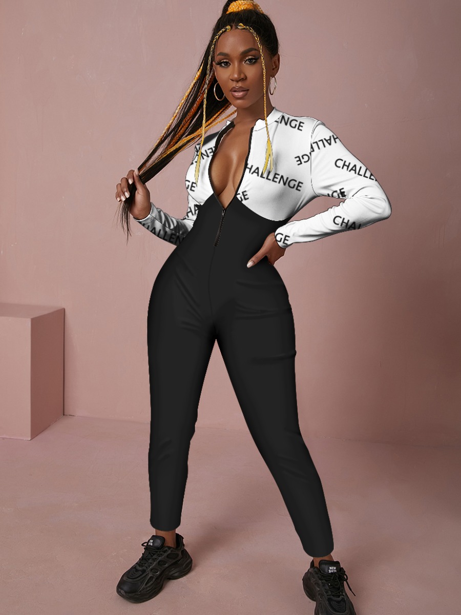 LW SXY Letter Print Zip Up Patchwork Jumpsuit