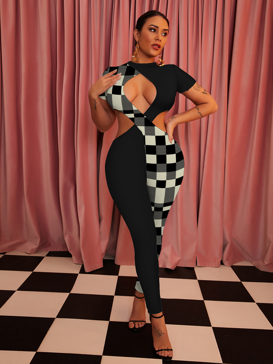 

LW SXY Criss Cross Plaid Patchwork Jumpsuit, Black