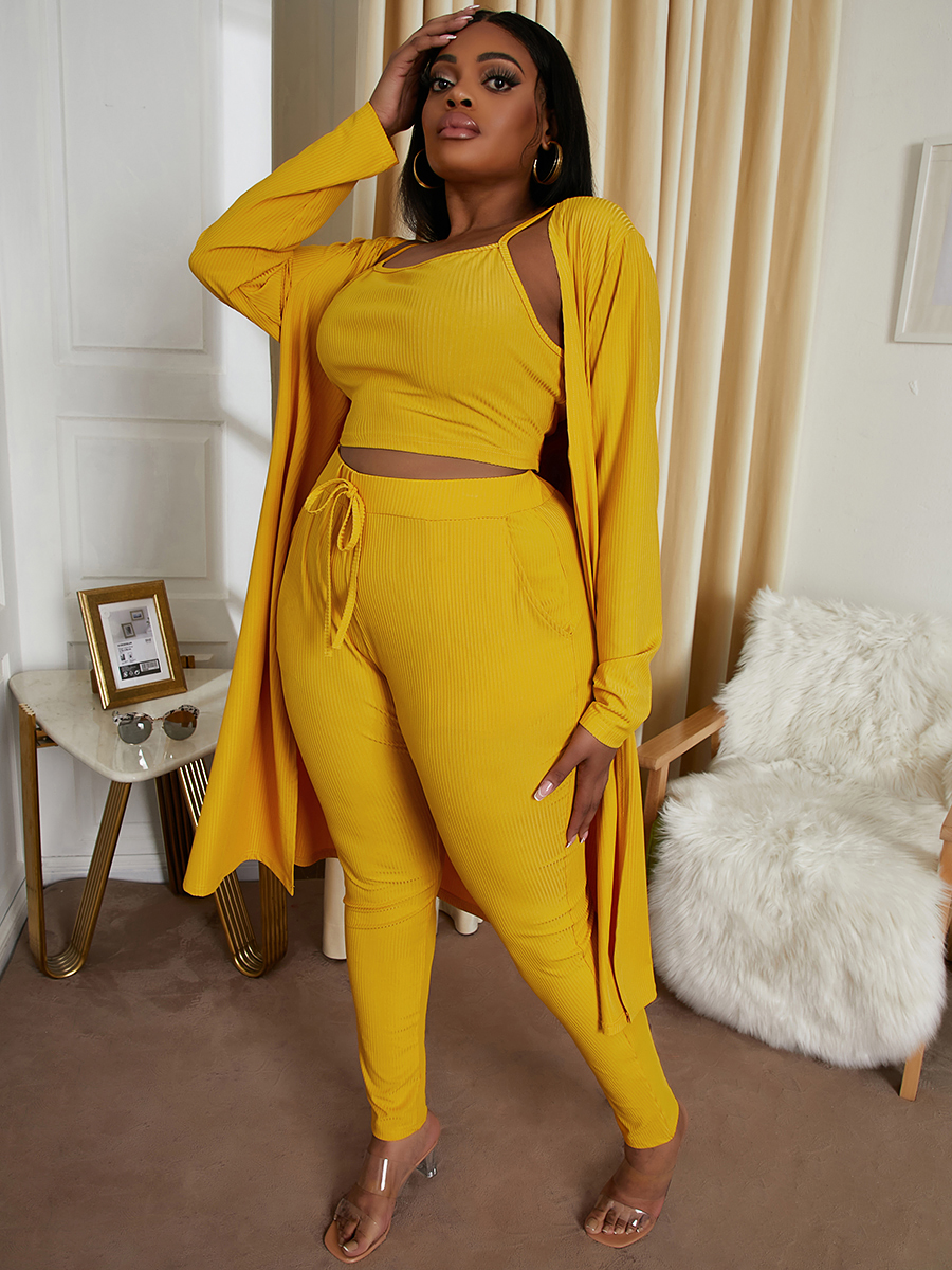 

LW Plus Size Drawstring Skinny Cami Three-piece Pants Set, Yellow