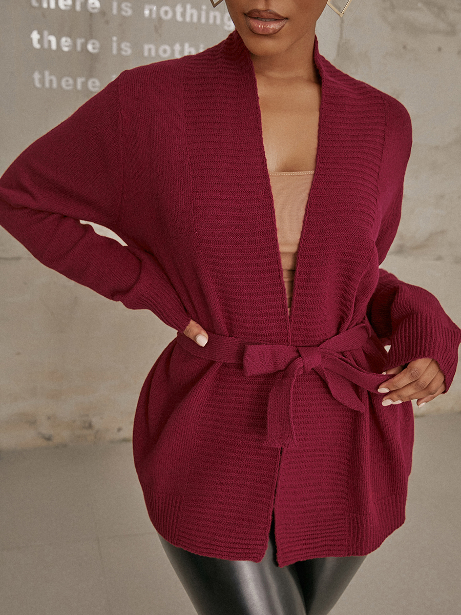 

LW Rib-Knit Solid Loose Cardigans, Wine red