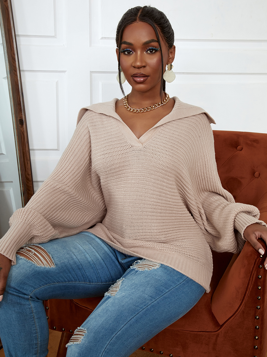 

LW Turndown Collar Solid Sweater, Khaki