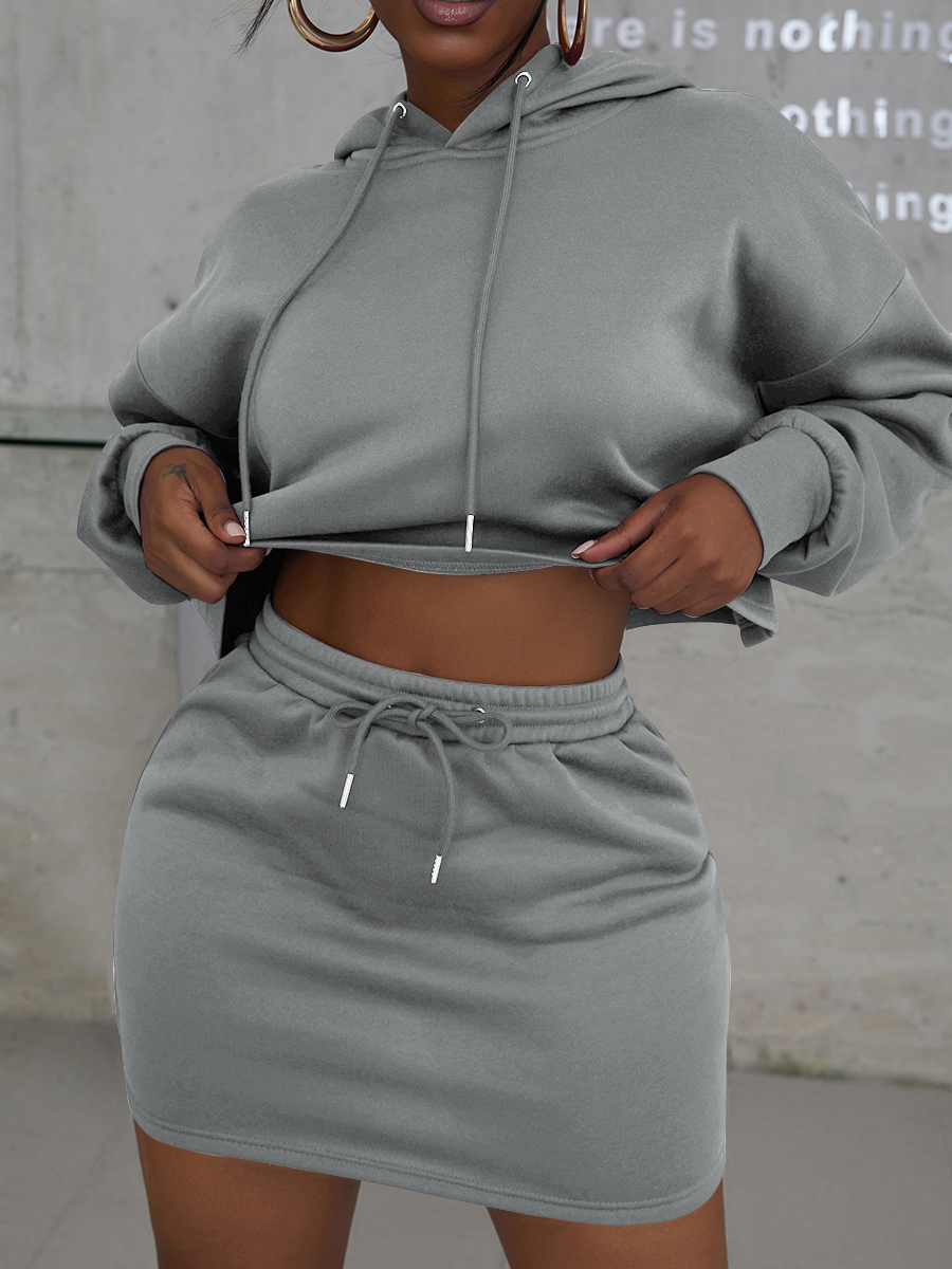 

LW BASICS Hooded Collar Drawstring Crop Top Skirt Set, Grey