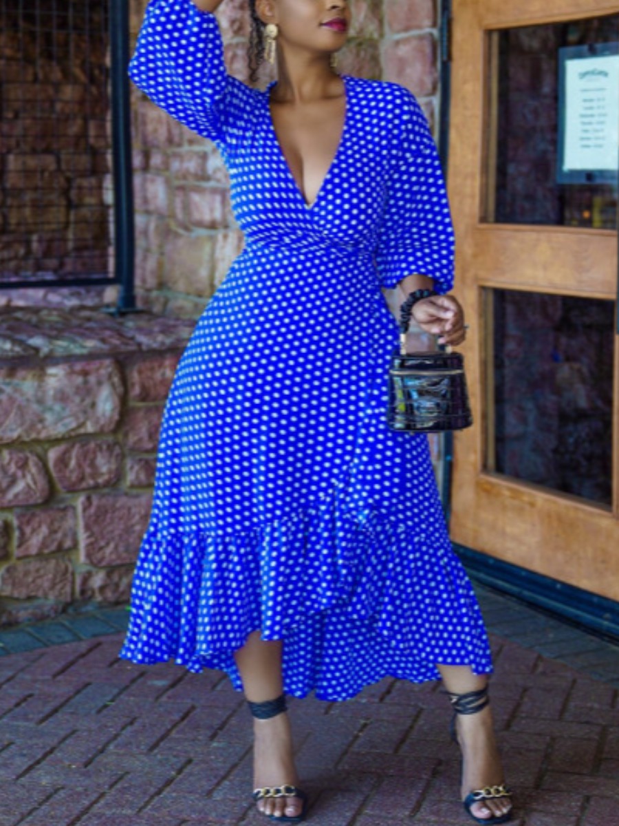 

LW Plus Size Dot Print Flounce Design A Line Dress, Blue