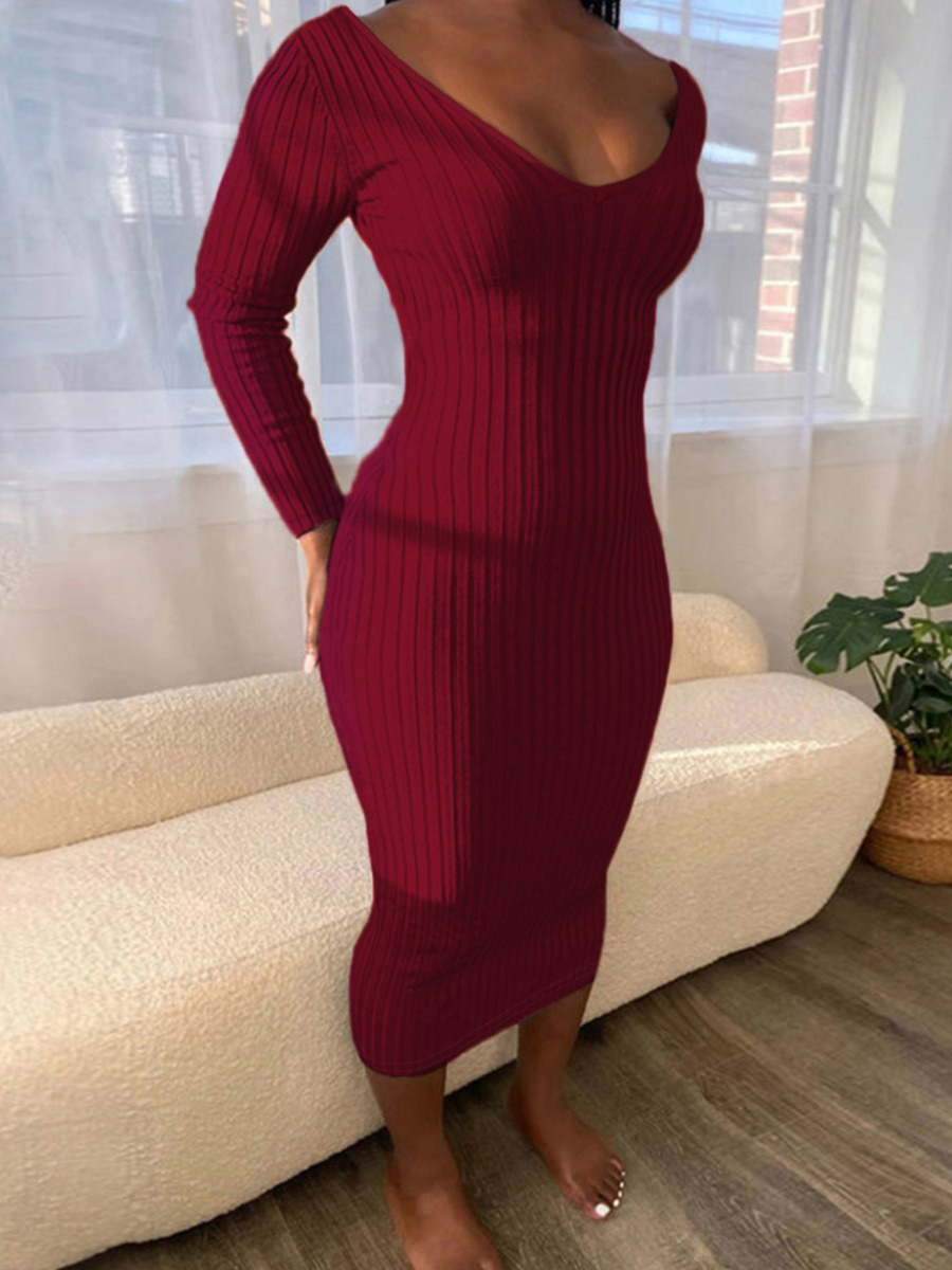 

LW BASICS Drop Shoulder Rib Knit Bodycon Dress, Wine red