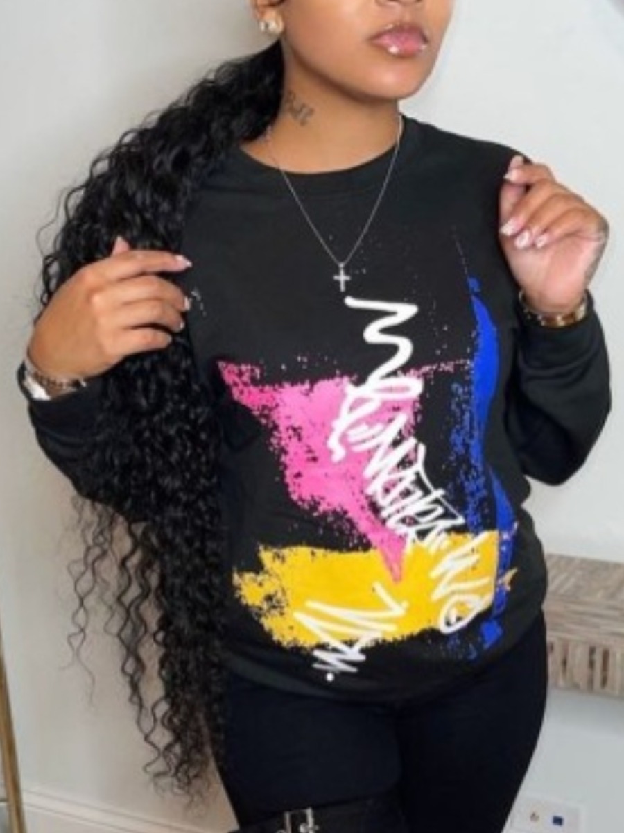 

LW Graffiti Letter Print Pullover Sweatshirt, Black