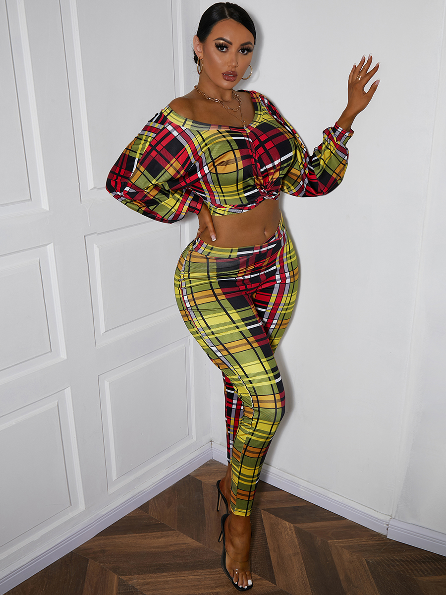 LW Plaid Print Crop Top Twist Front Pants Set