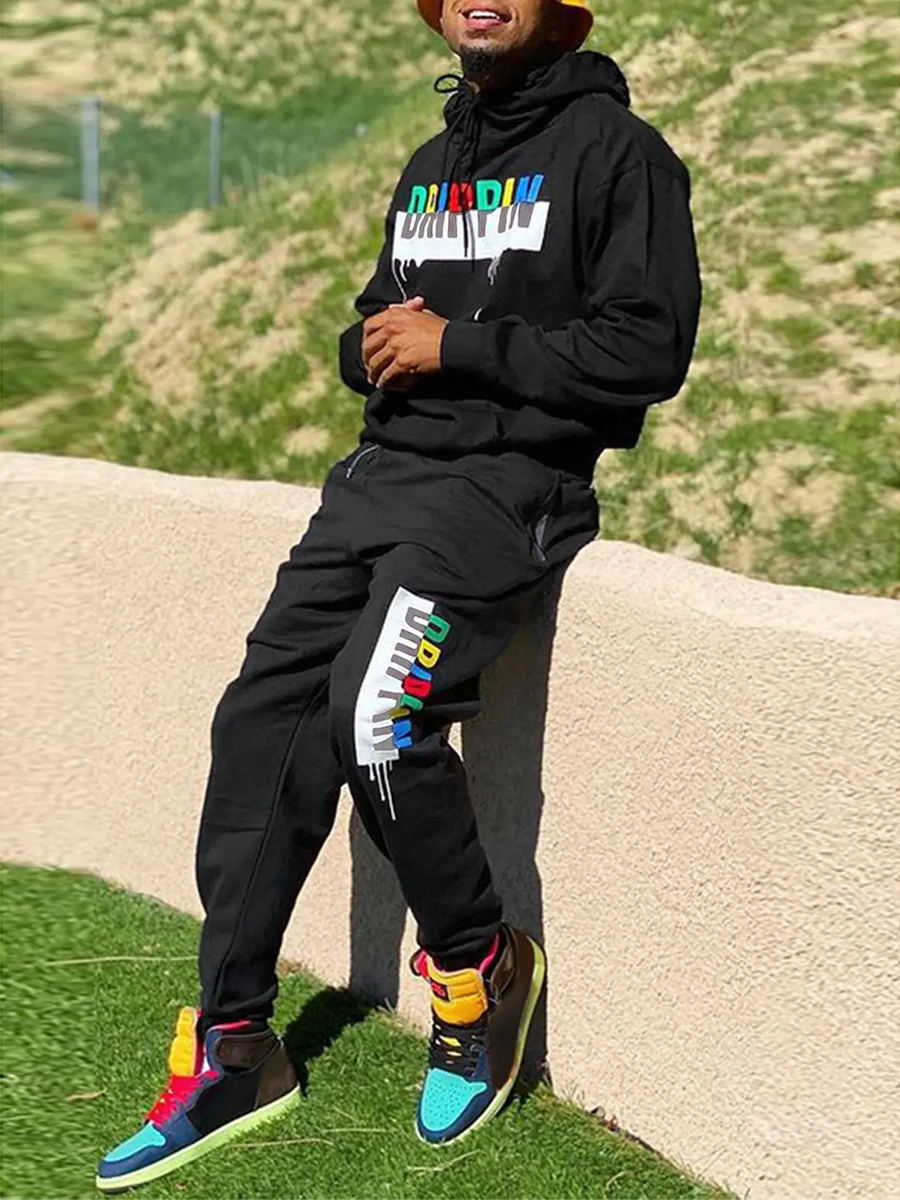 LW Men Letter Print Kangaroo Pocket Tracksuit Set