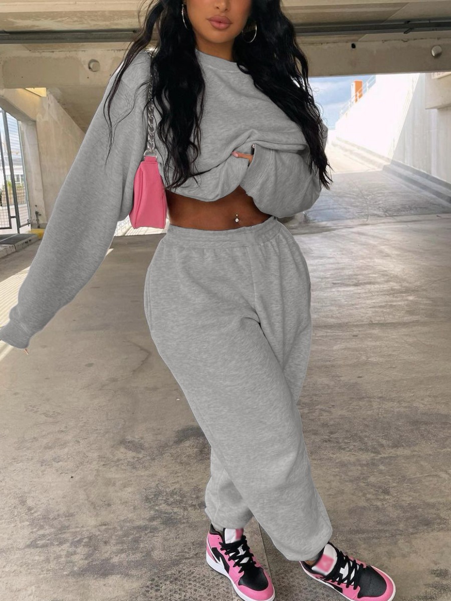 

LW Sweat Elastic Waist Pullover Pants Set, Grey