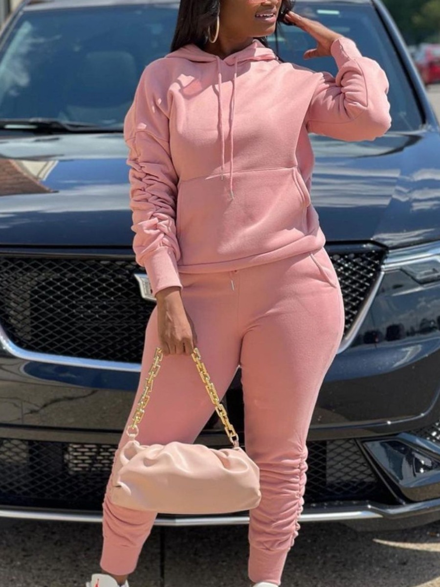 

LW Pocket Design Drawstring Sweat Tracksuit Set, Pink