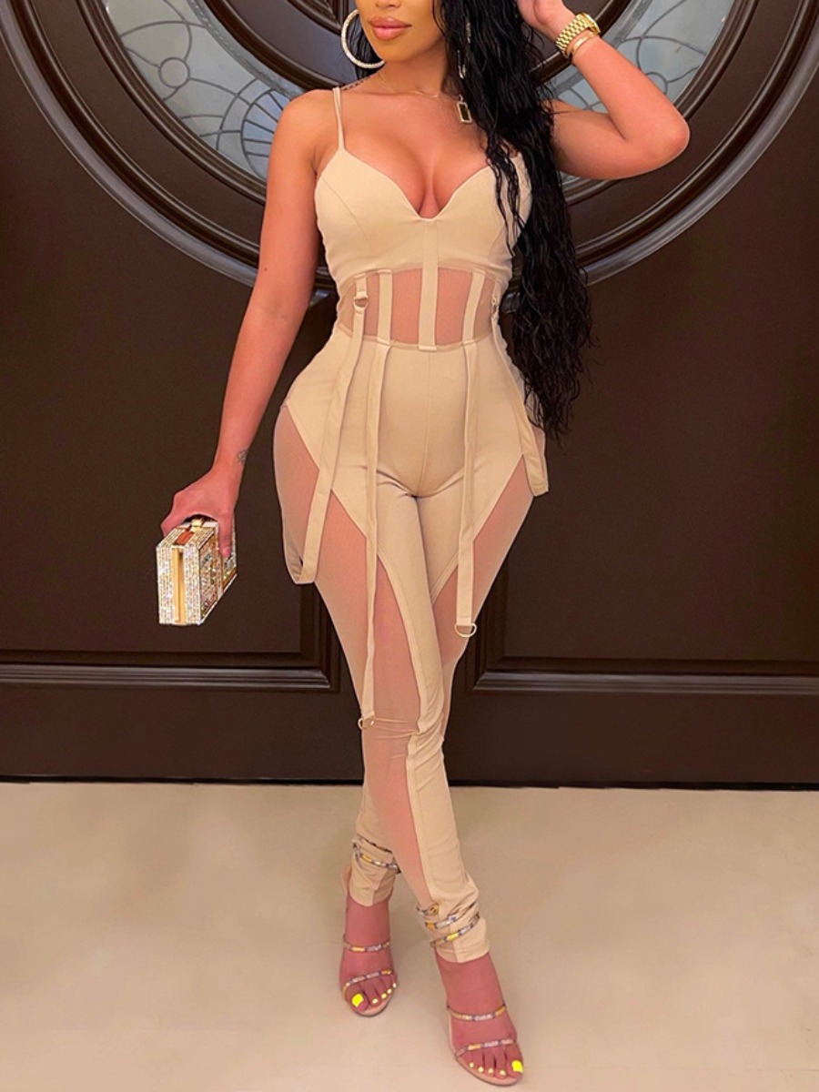 

LW SXY Mesh Panel See-through Strap Decor Jumpsuit, Apricot