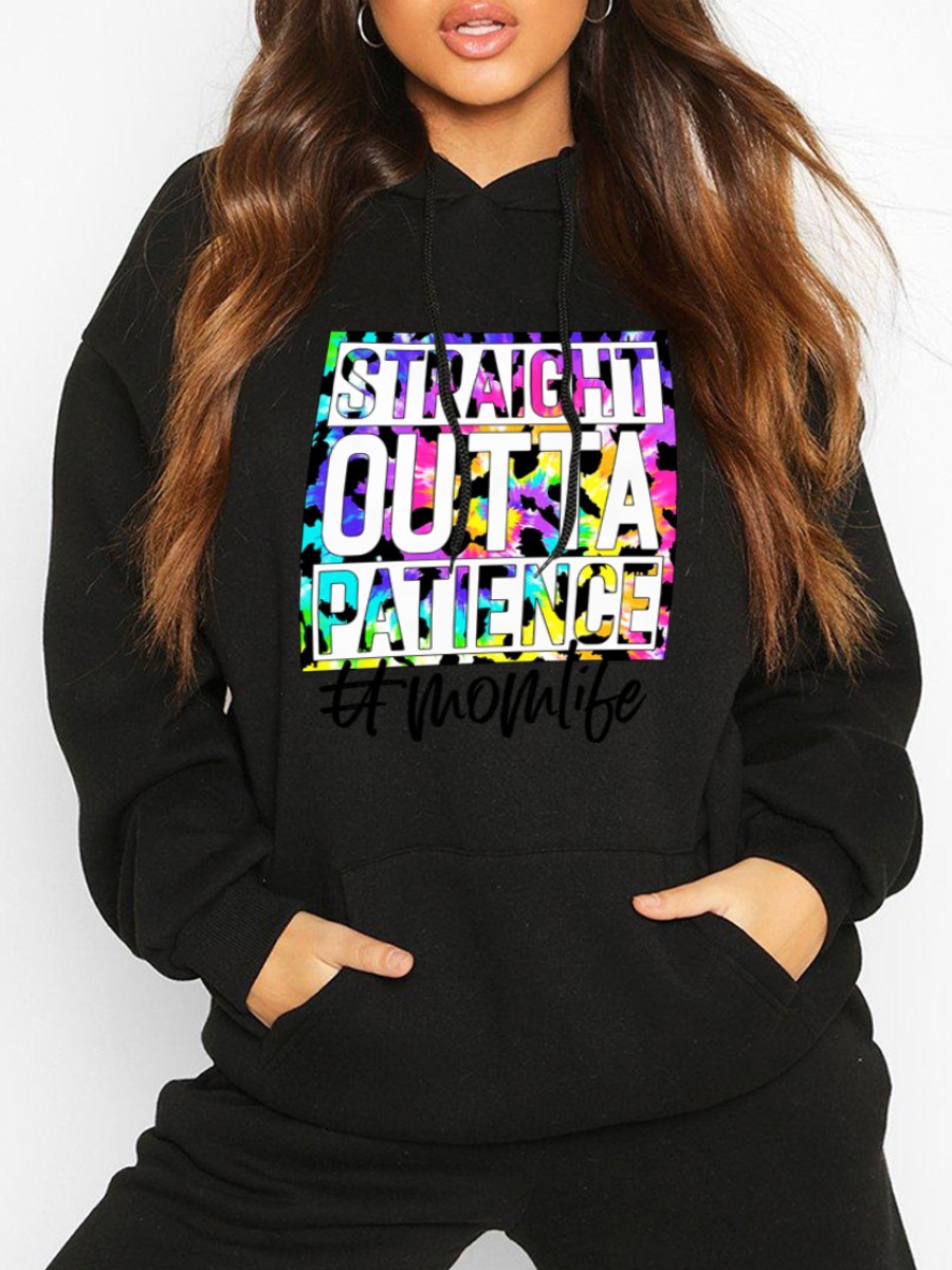 

LW Plus Size Letter Print Pocket Design Hoodie, Black