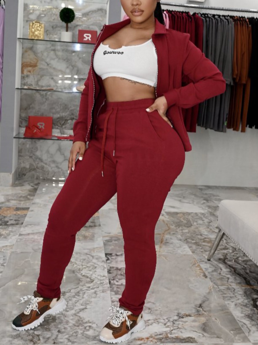 

LW BASICS Sweat Drawstring Zip Up Tracksuit Set, Wine red