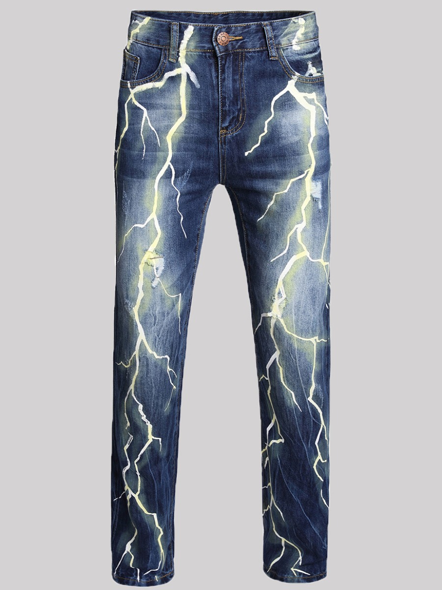 

LW Men Lightning Print Ripped Jeans, Deep blue