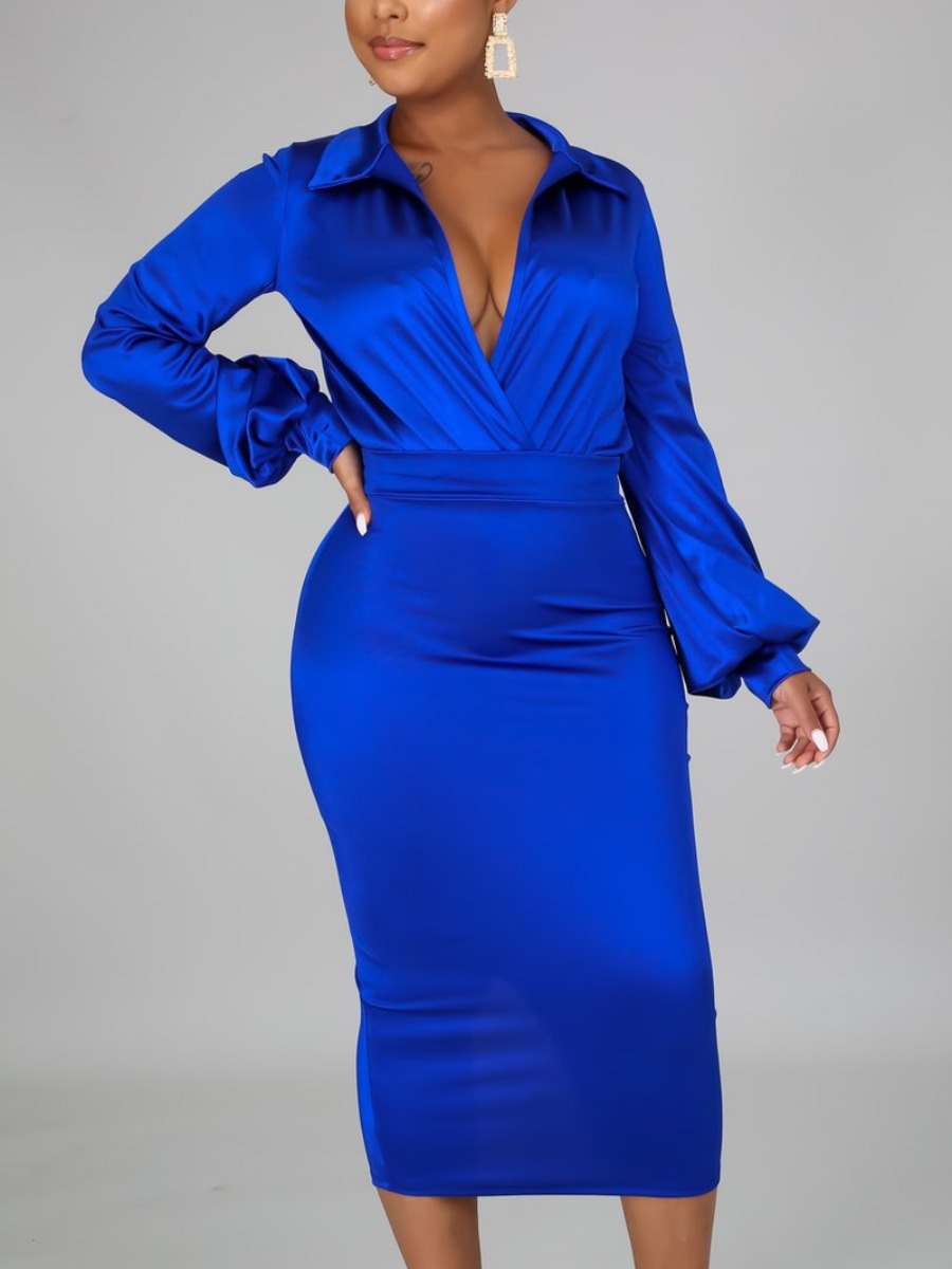 

LW Satin Lantern Sleeve Ruched Skinny Skirt Set, Blue