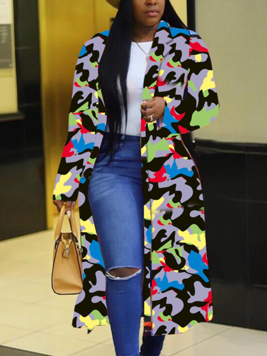 

LW Turndown Collar Camo Print Loose Trench Coats