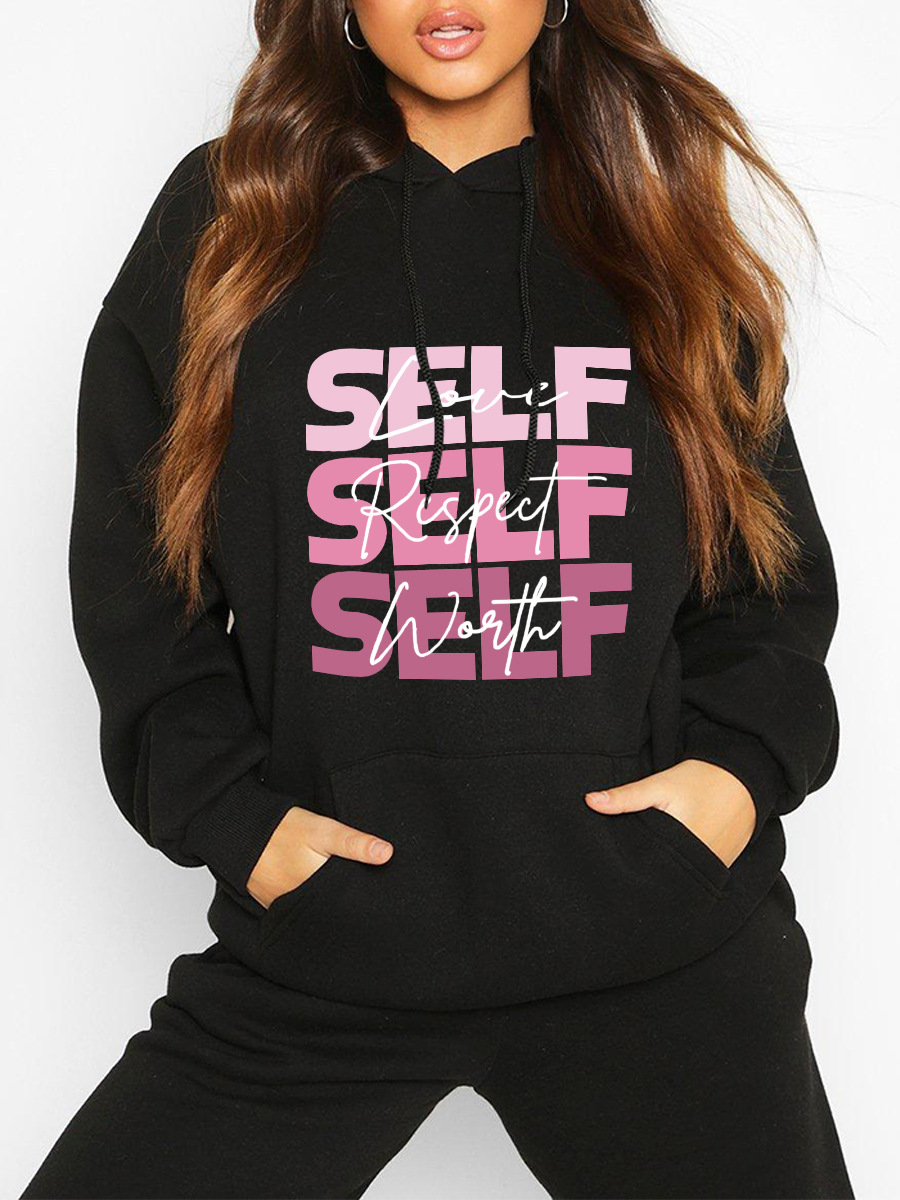 

LW Plus Size Letter Print Pocket Design Hoodie, Black