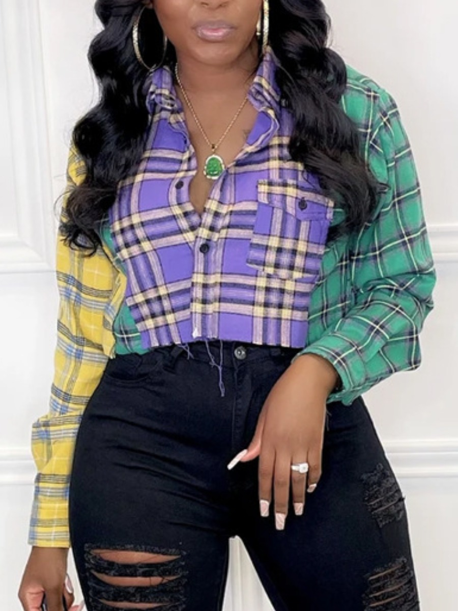 

LW Patchwork Plaid Cropped Shirts, Purple