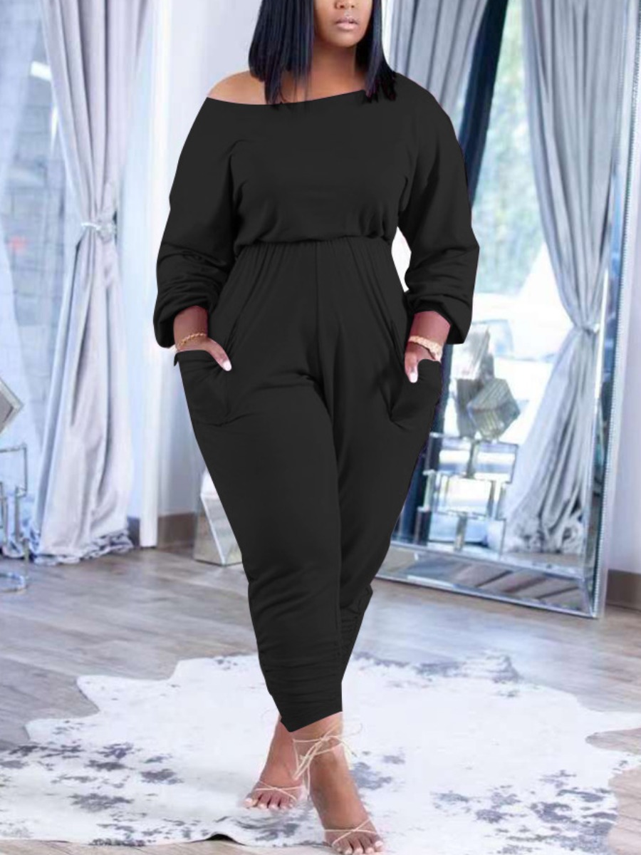 

LW Plus Size Drop Shoulder Pocket Design Pants Set, Black