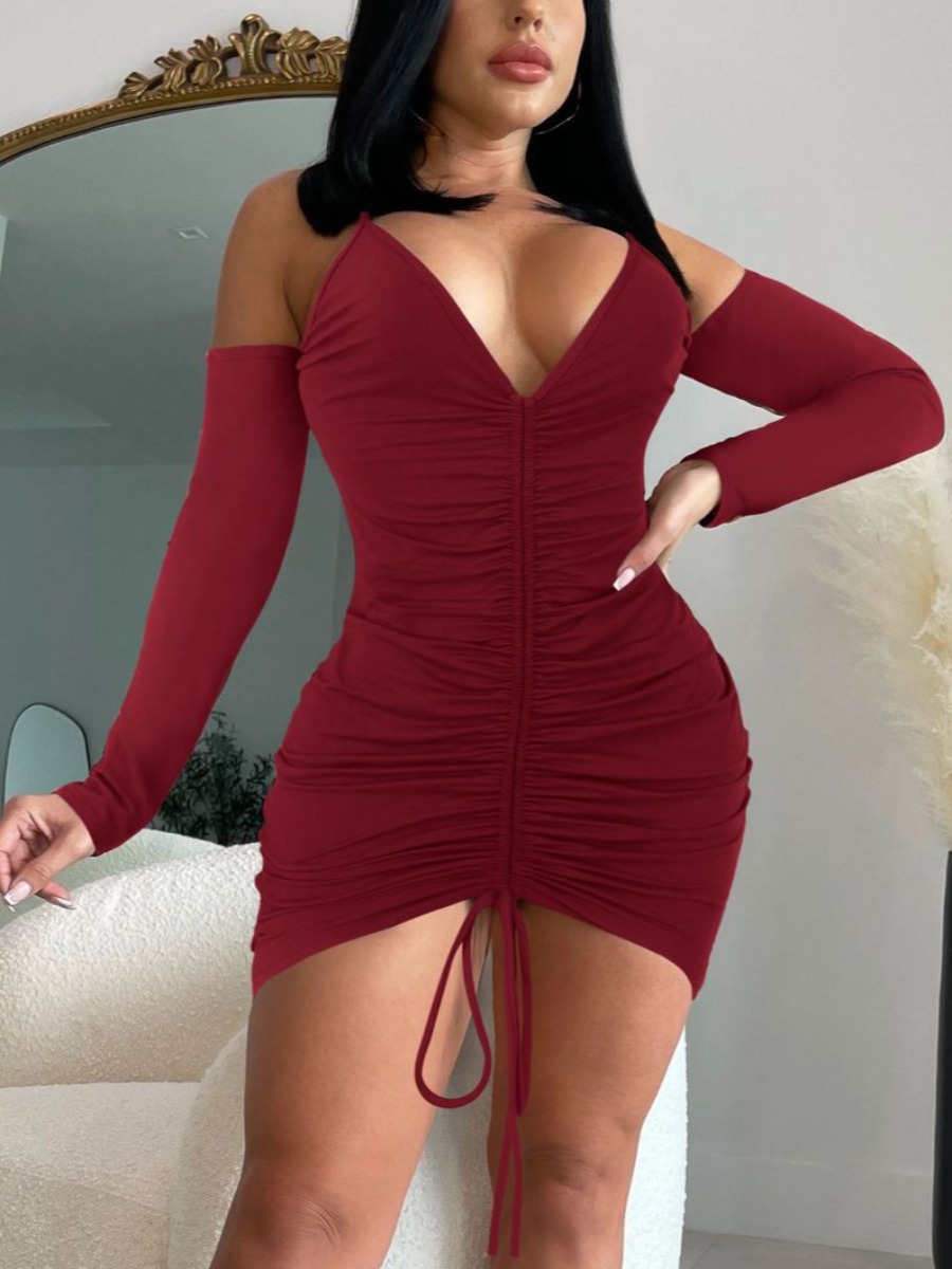 

LW SXY Ruched Drawstring Basic Bodycon Dress, Wine red