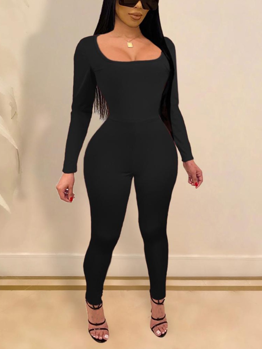 

LW BASICS U Neck Solid Skinny Jumpsuit, Black