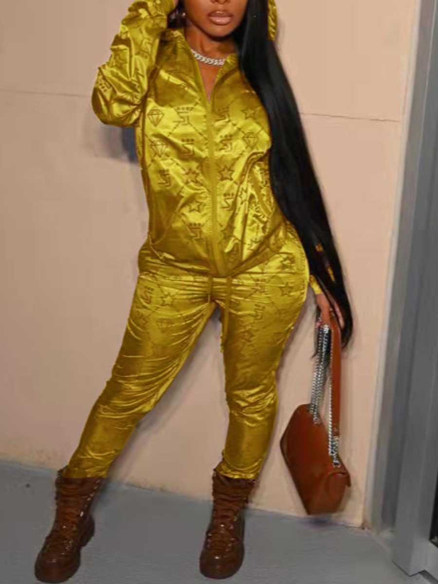 

LW Star Letter Print Zipper Design Tracksuit Set, Golden yellow