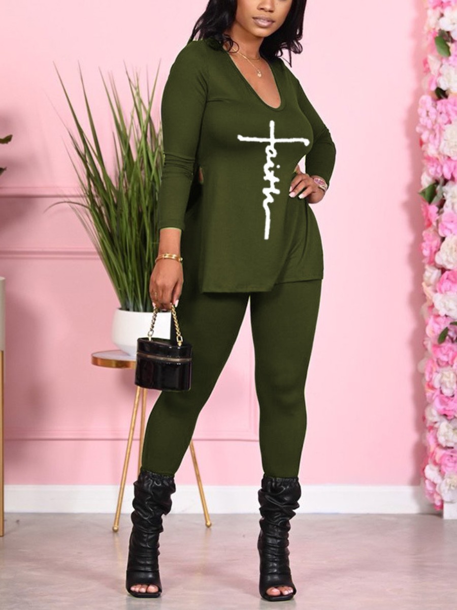 

LW Slit Letter Print Pullover Pants Set, Army green
