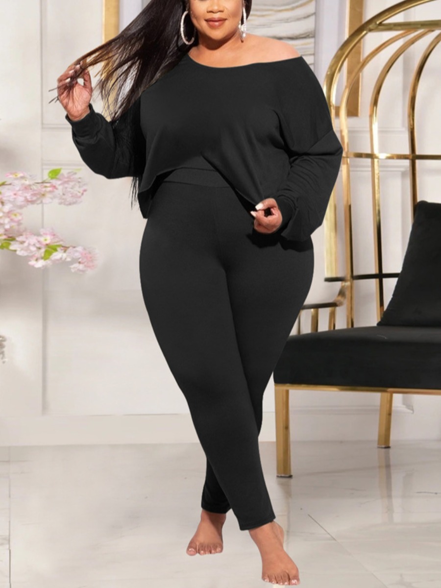 

LW Plus Size Drop Shoulder High Low Pants Set, Black