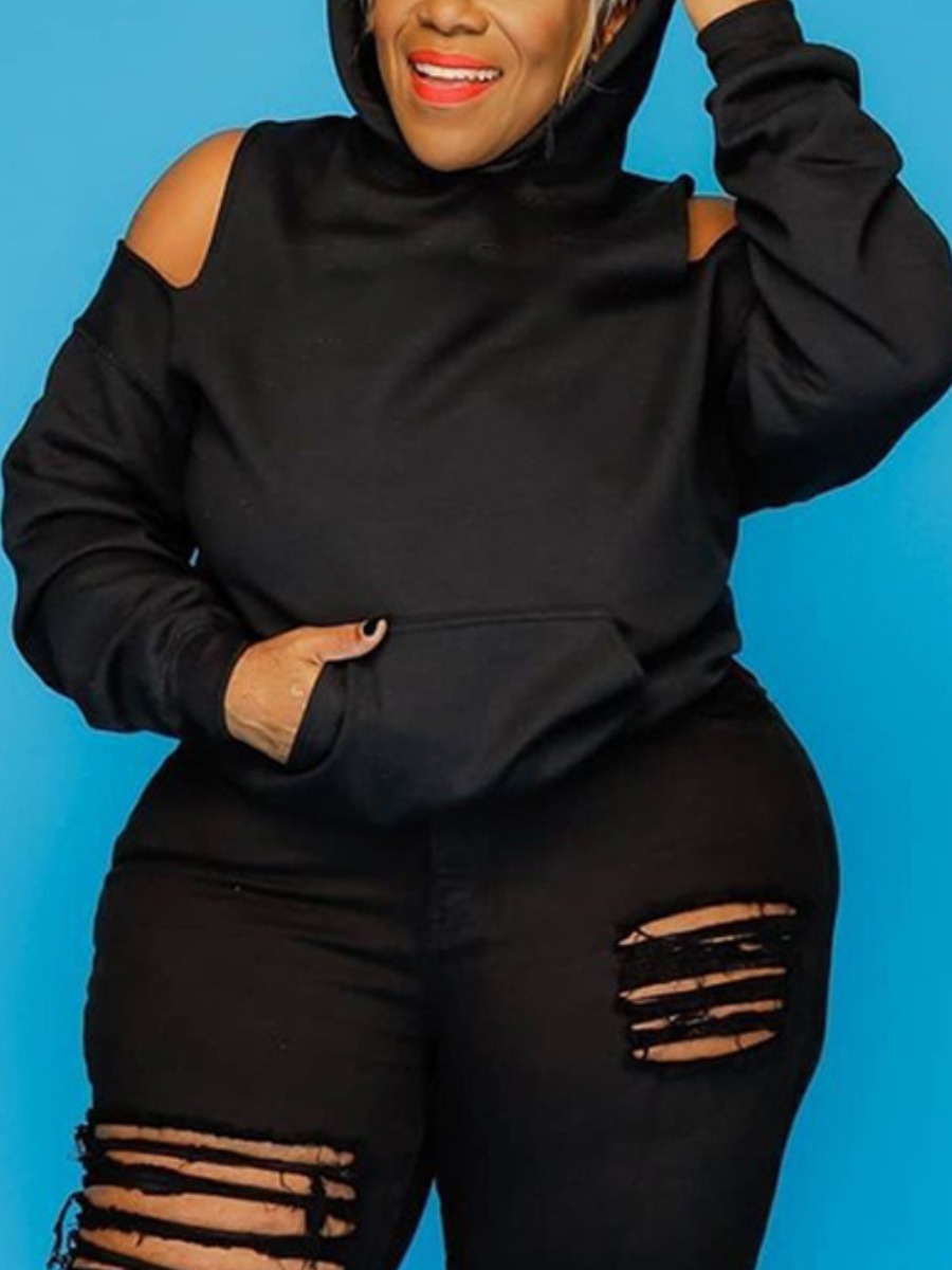 

LW Cold Shoulder Pocket Design Hoodie, Black