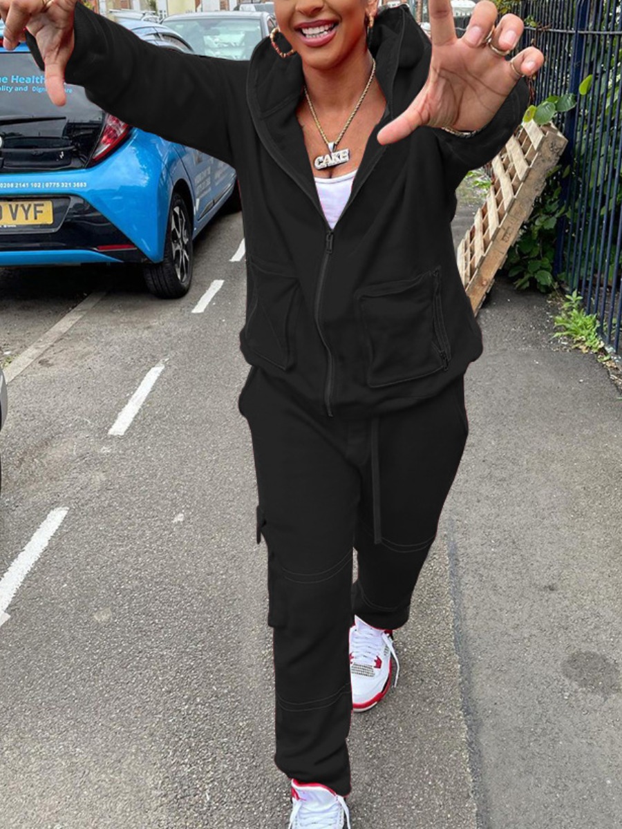 

LW Pocket Zipper Design Tracksuit Set, Black