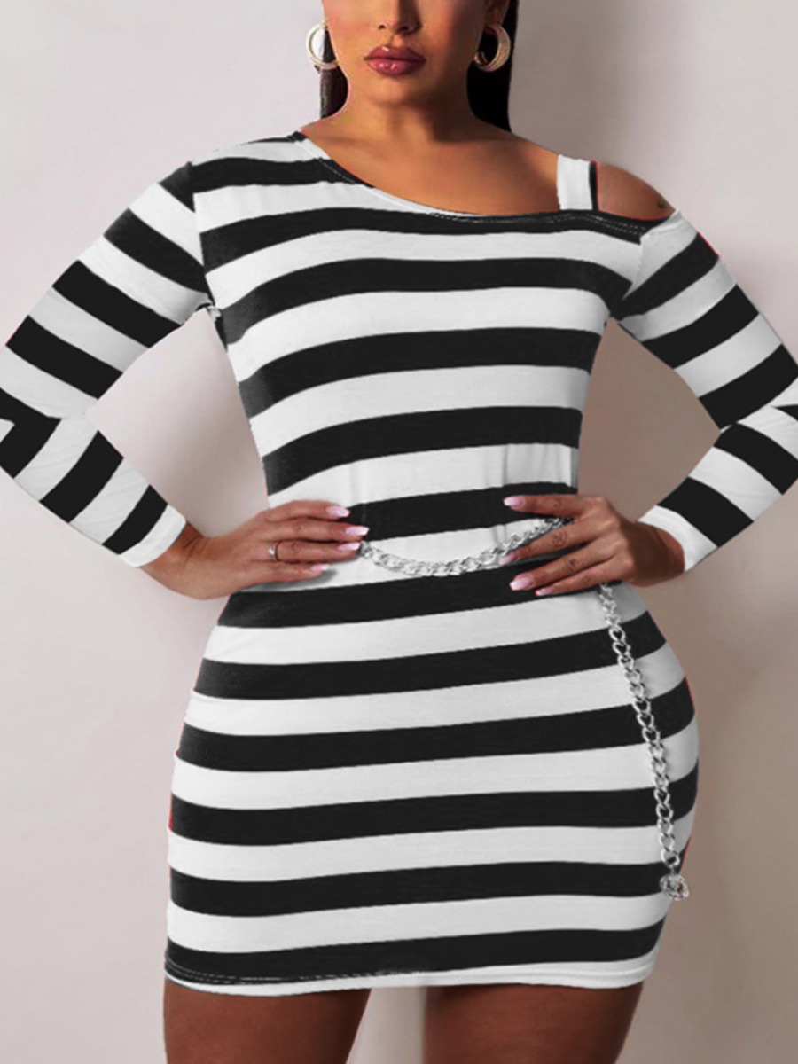 

LW Plus Size Hollow-out Design Striped Dress (Without Chain), Black