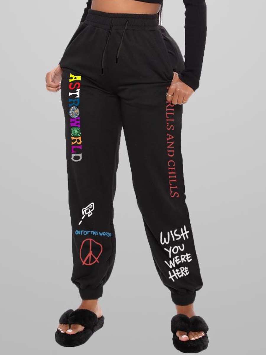 

LW Letter Print Drawstring Sweatpants, Black