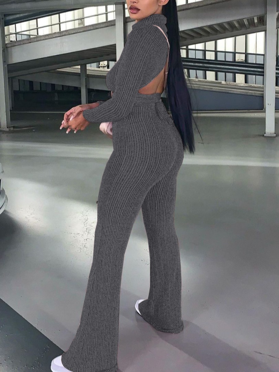 

LW Backless Tie Back Flared Pants Set, Dark grey