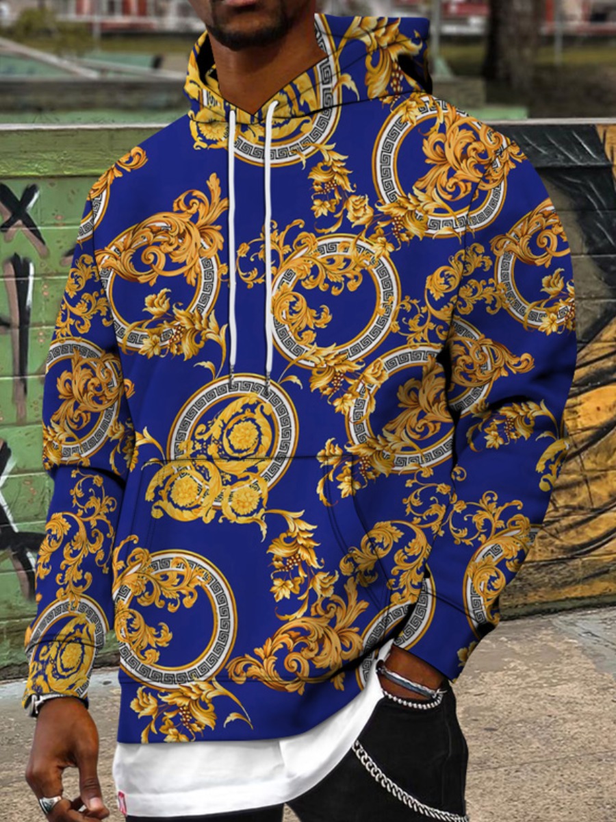 

LW Men Tribal Print Pocket Design Hoodie, Blue