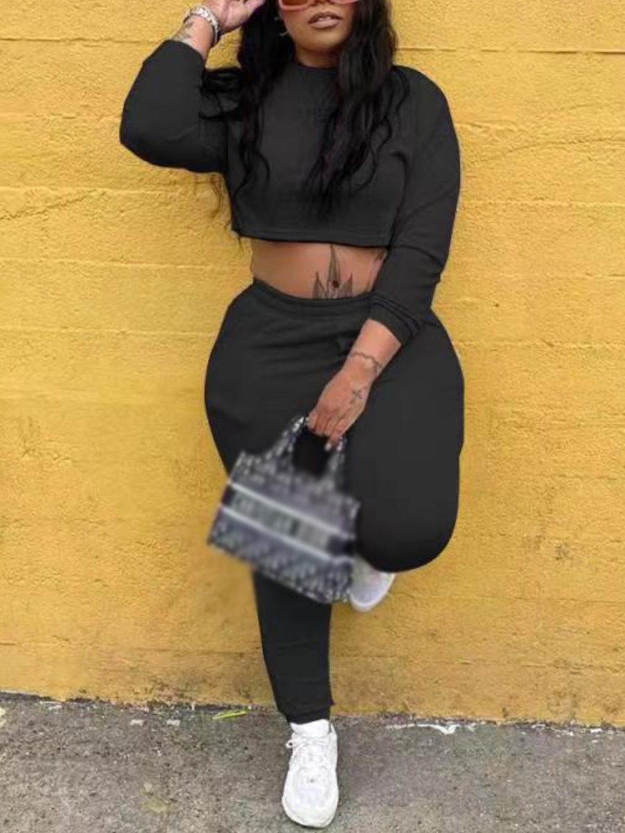 

LW Sweat Pullover Shirred Waist Cropped Pants Set, Black