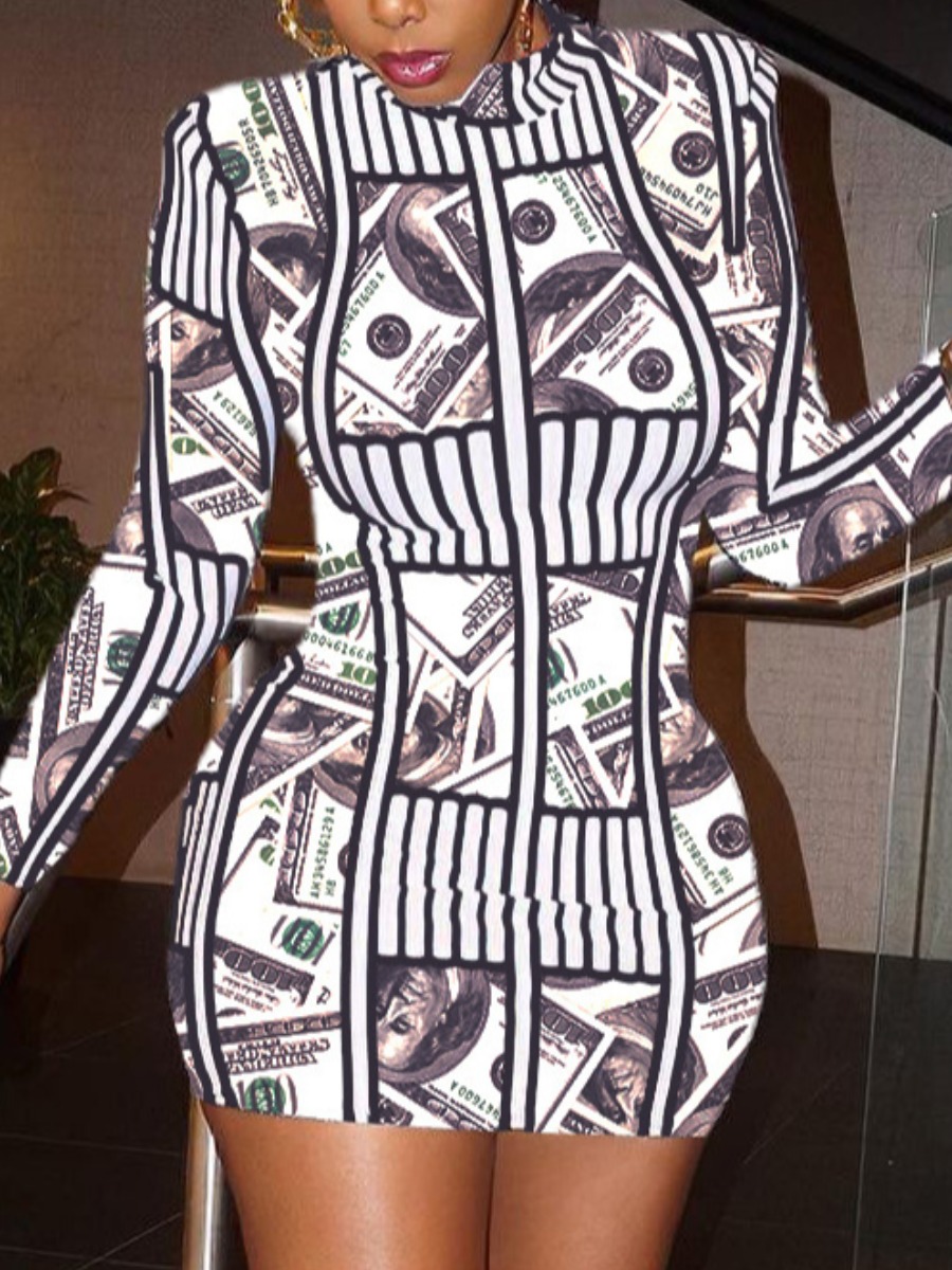 

LW Money Print Striped Bodycon Dress, White