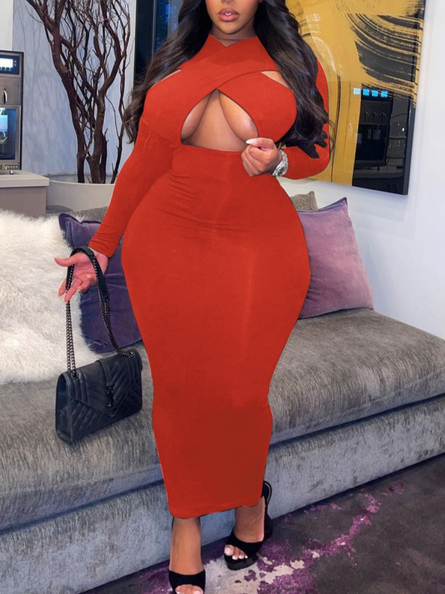 

LW SXY Plus Size Criss Cross Hollow Out Design Dress, Red