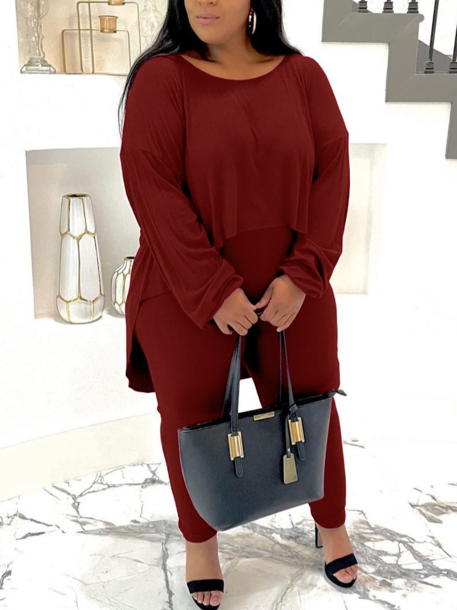 

LW Plus Size High Low Pullover Basic Pants Set, Wine red