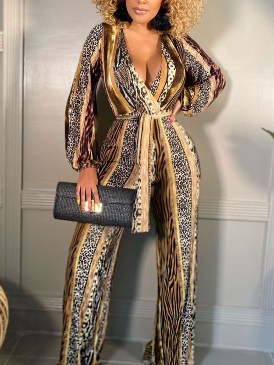 

LW SXY Leopard Print Panel Belted Jumpsuit, Brown
