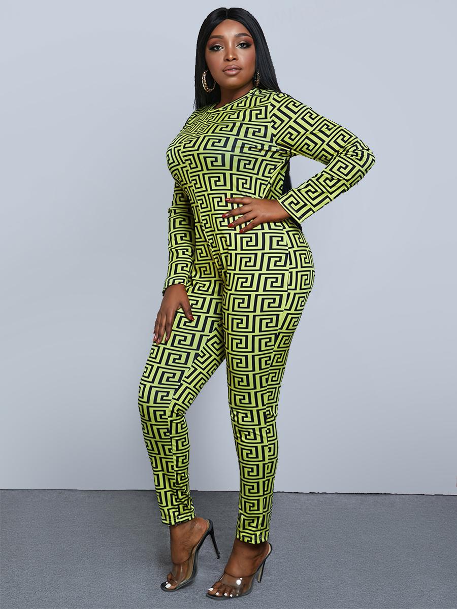 

LW Plus Size Geometric Pattern Print Skinny Jumpsuit, Grass green